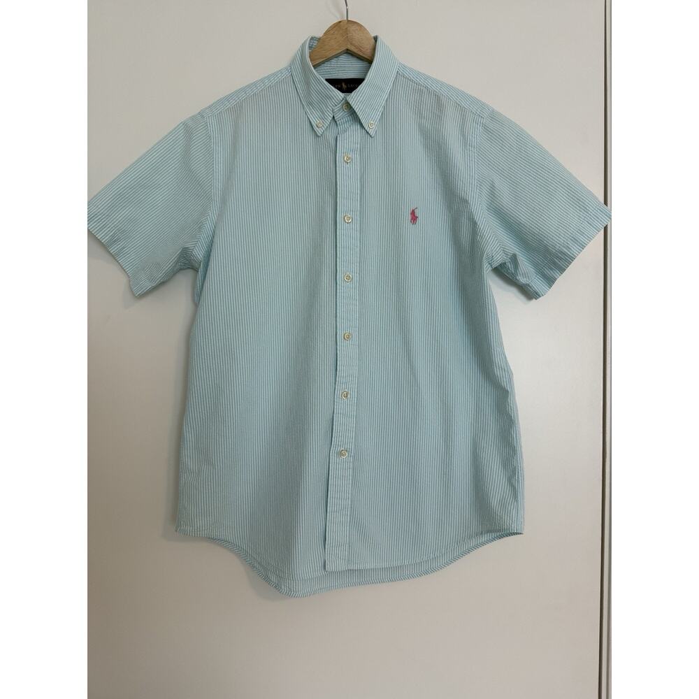 Ralph Lauren Aqua Blue White Seersucker Short Sleeve Button Up Shirt Men's M